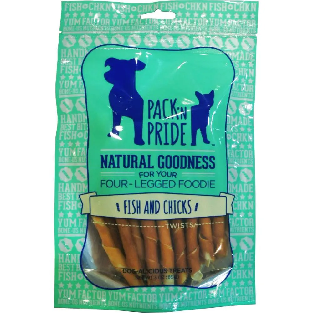 BUY 2 GET 1 FREE: Pack 'N Pride Fish & Chicks Twists Dog Treats 85g