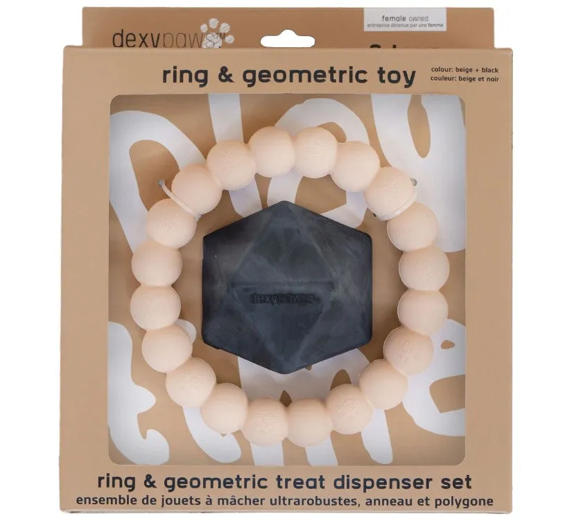 Dexypaw 2 Piece Geometric & Treat Dispenser Heavy Duty Chew Toy Set - Nude & Black